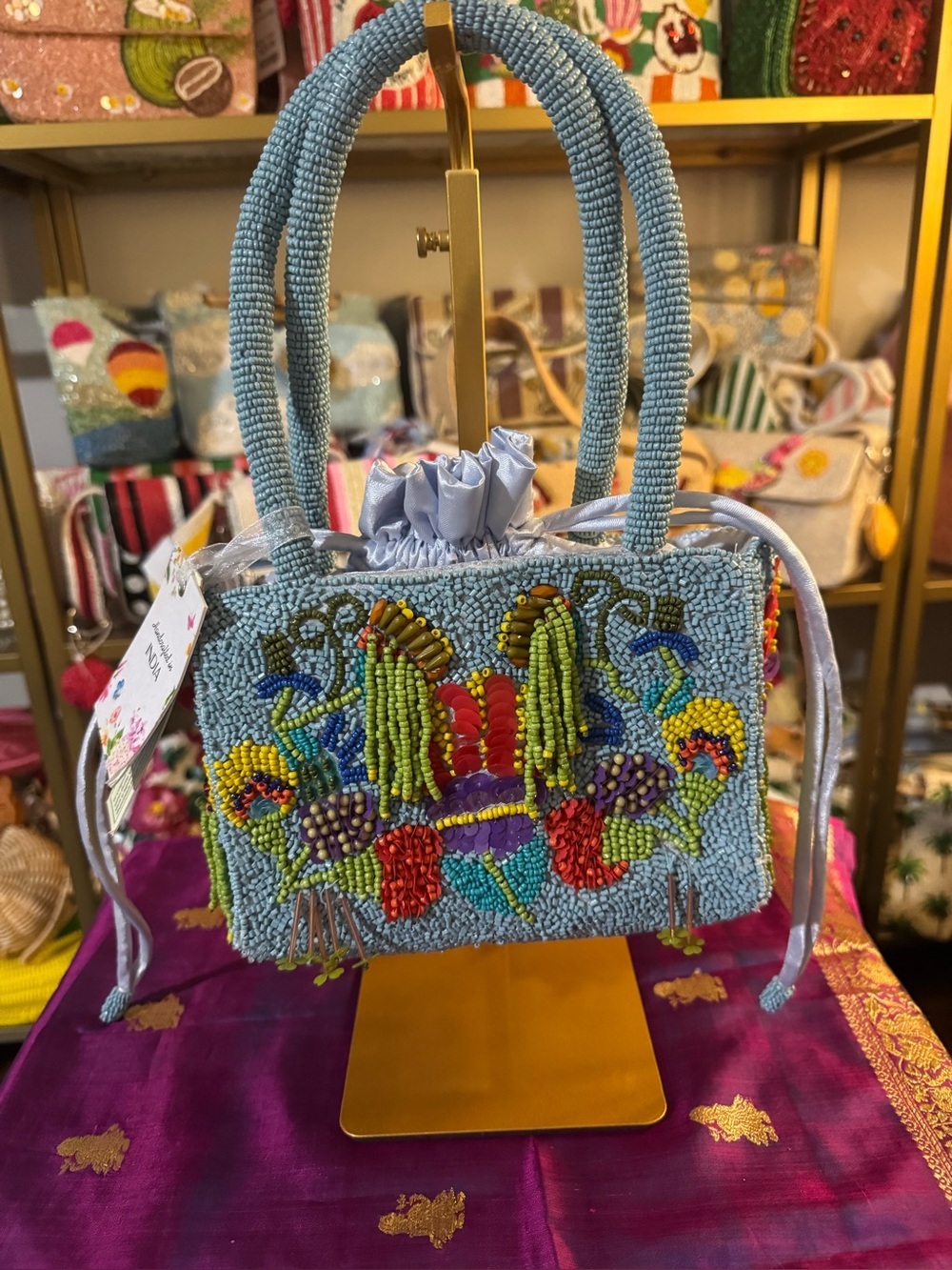 NWT Handcrafted In India Beaded Cactus Bucket Bag Light Blue Drawstring Purse